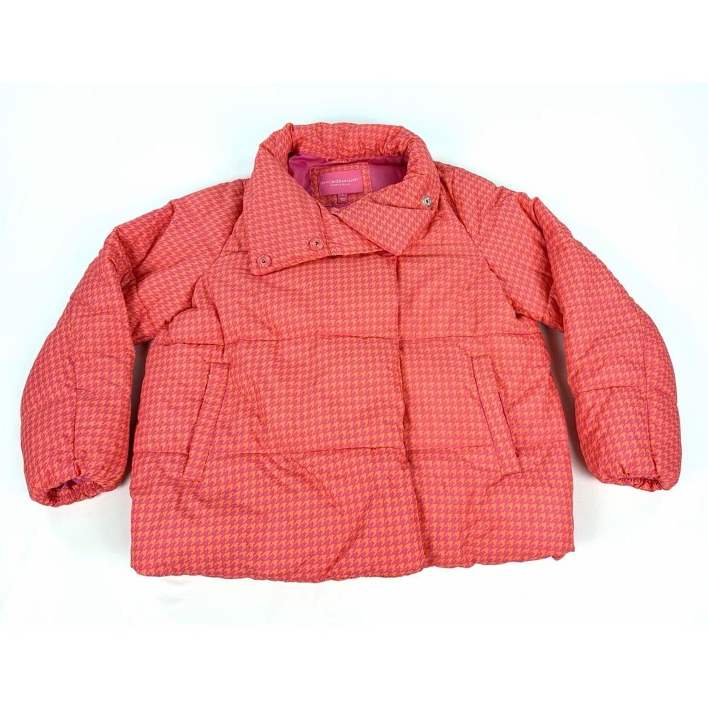 Isaac Mizrahi Live Puffer Jacket Women's Medium Pink Orange Houndstooth Coat